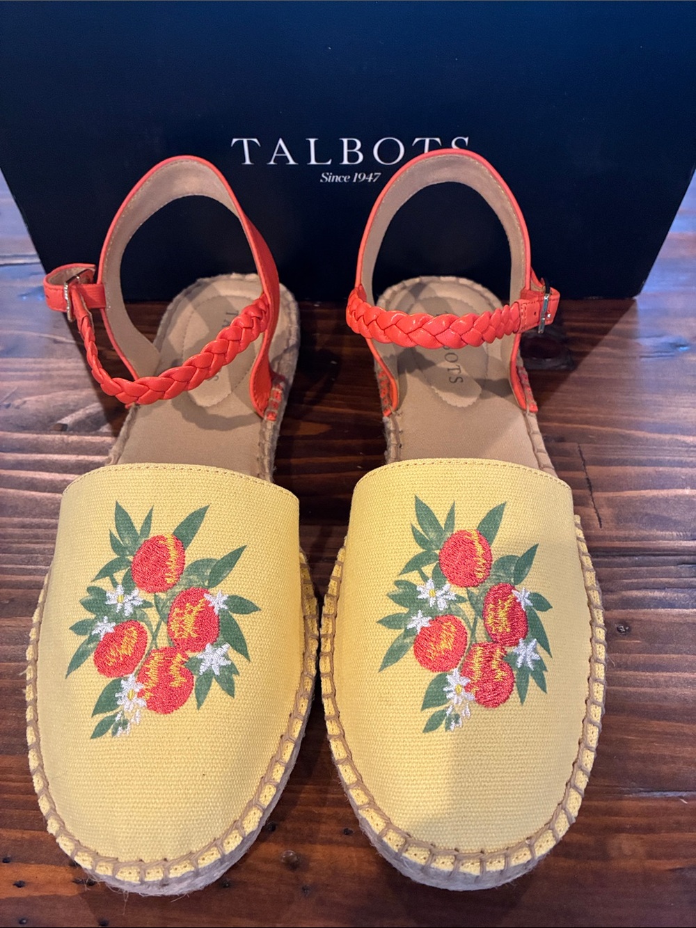 Talbots Yellow Canvas Espadrilles with Orange Braided Ankle Straps